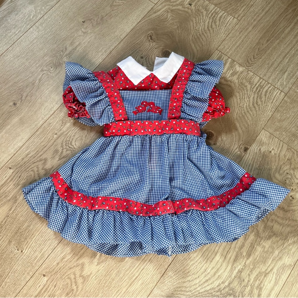 Vintage gingham red and blue floral bird print dress size 2t